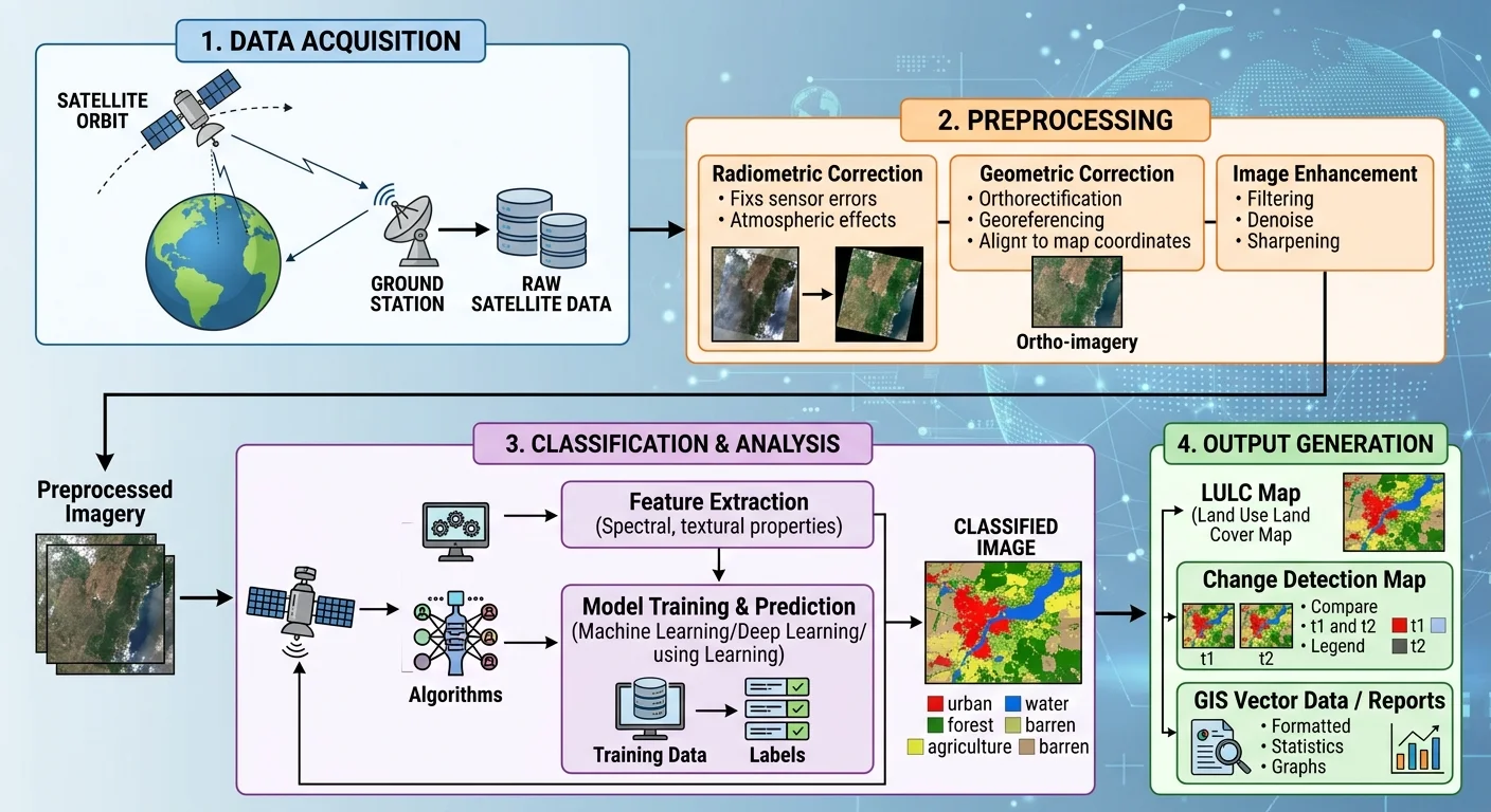 Satellite image analysis processing pipeline diagram