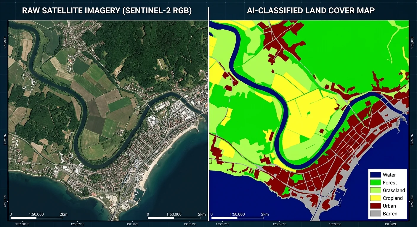 Before and after AI classification of satellite imagery showing land cover categories