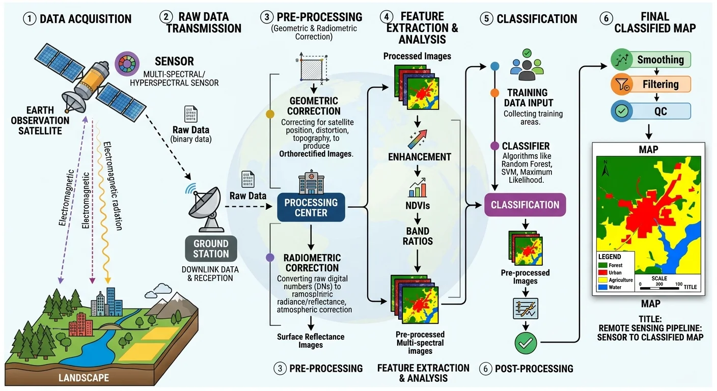 Remote sensing workflow diagram showing data capture, preprocessing, analysis, and classification stages