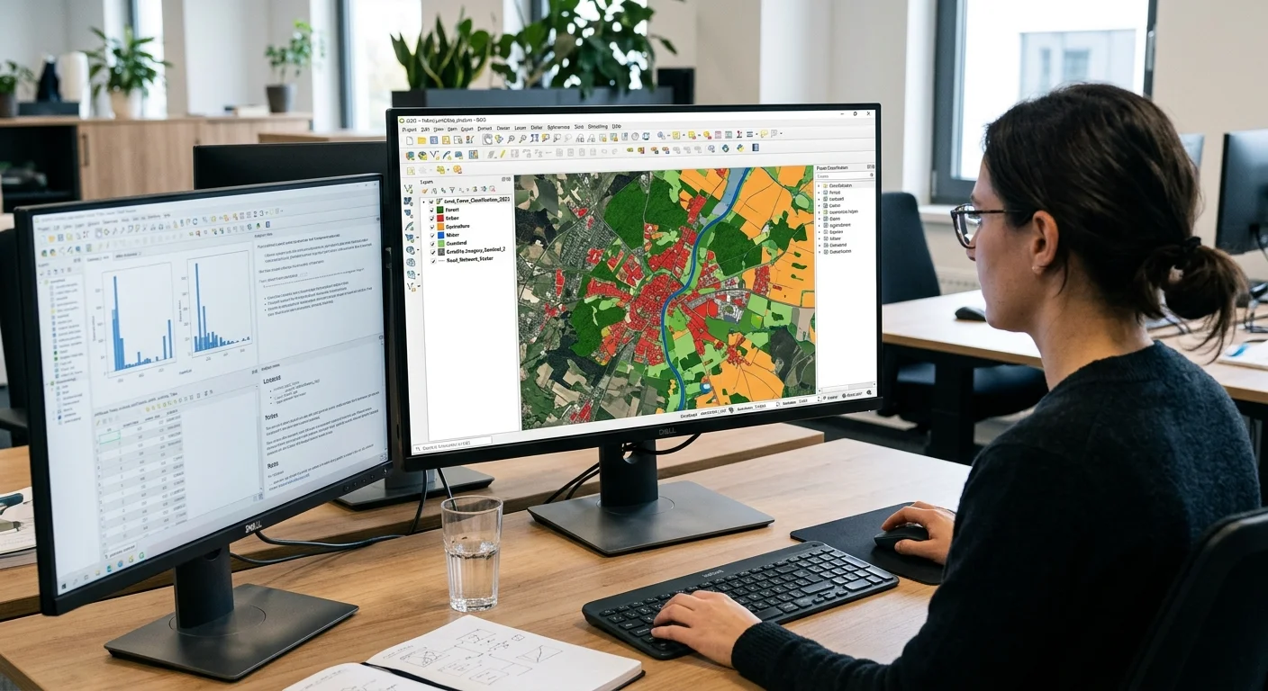GIS mapping workstation displaying satellite imagery classification layers
