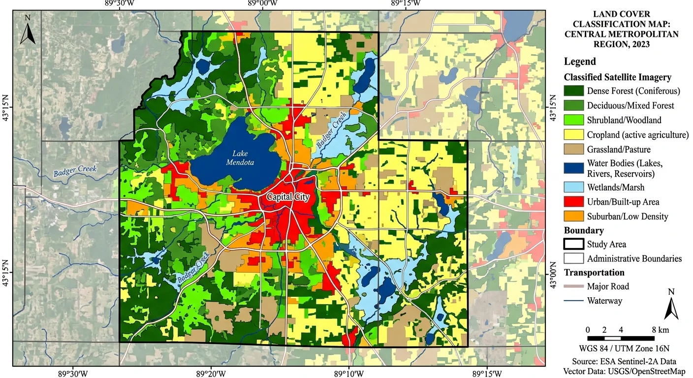 Thematic land cover classification map with administrative boundary overlays