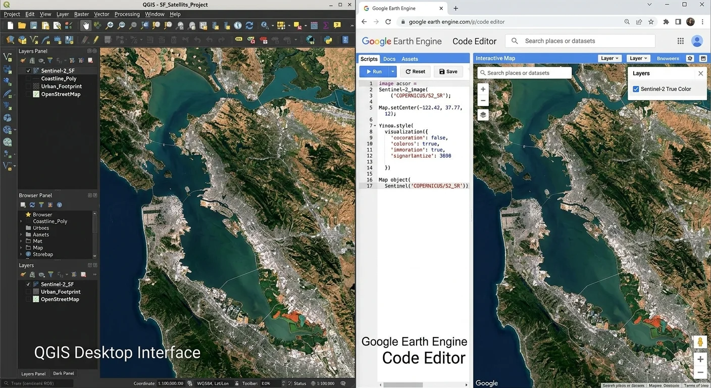 Comparison of QGIS desktop and Google Earth Engine cloud interfaces for satellite image analysis