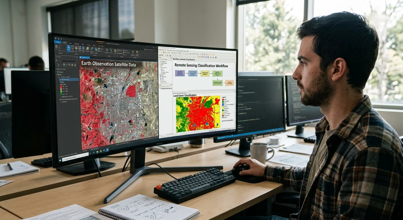 GIS professional comparing Earth observation data with remote sensing analysis tools